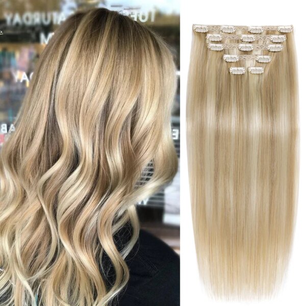 extension cheveux naturels lisses avec clips, couleur blond doré