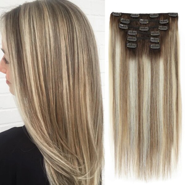 extension cheveux naturels lisses avec clips, couleur blond doré
