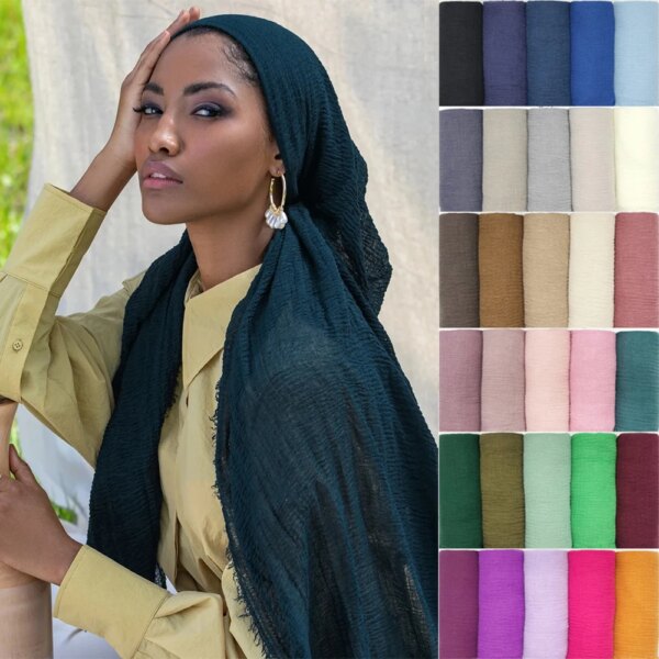 hijab Bandeau voile froissé en coton pour femme, écharpe longue de couleur unie