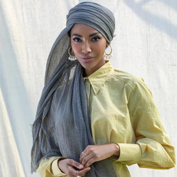 hijab Bandeau voile froissé en coton pour femme, écharpe longue de couleur unie