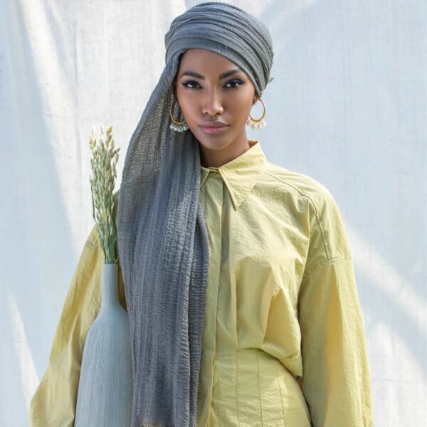 hijab Bandeau voile froissé en coton pour femme, écharpe longue de couleur unie