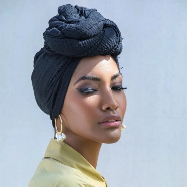 hijab Bandeau voile froissé en coton pour femme, écharpe longue de couleur unie
