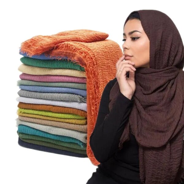 Hijab musulman pour femmes, écharpe froissée en coton doux, couleur unie