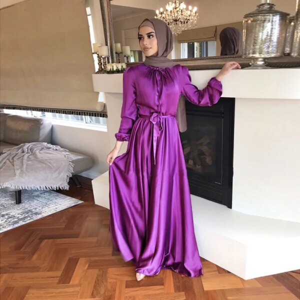 Robe musulmane en Satin plissé pour femmes, caftan élégant de couleur Pure