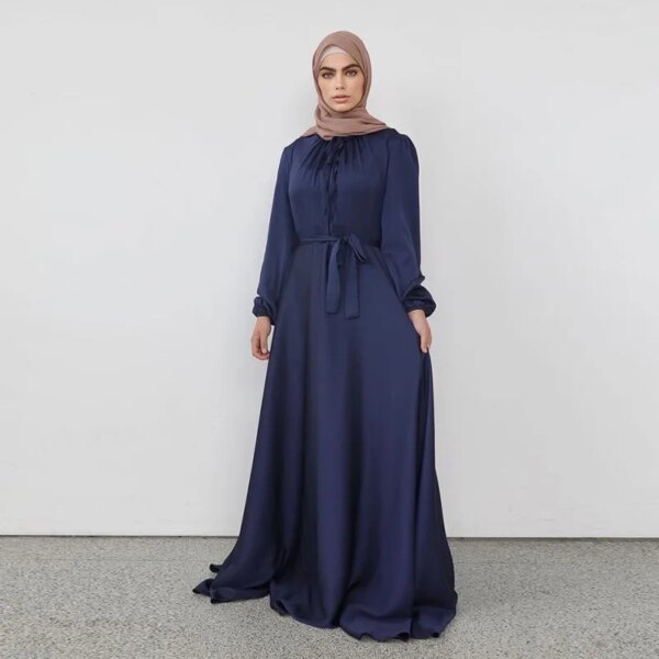 Robe musulmane en Satin plissé pour femmes, caftan élégant de couleur Pure