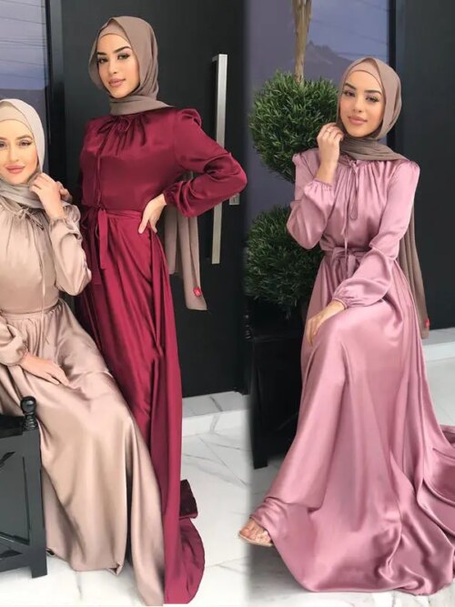 Robe musulmane en Satin plissé pour femmes, caftan élégant de couleur Pure
