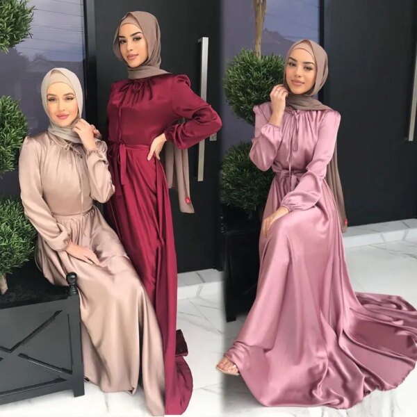 Robe musulmane en Satin plissé pour femmes, caftan élégant de couleur Pure