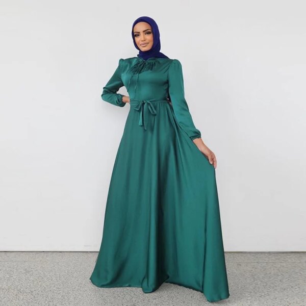 Robe musulmane en Satin plissé pour femmes, caftan élégant de couleur Pure