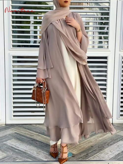 Abaya – Kimono Double couche pour femmes, Cardigan musulman
