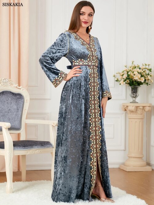 Abaya femme , broderie florale, ceinture de Caftan marocain