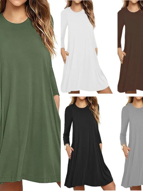 robe longue femme T-Shirt à manches, automne, col rond, couleur unie plissée