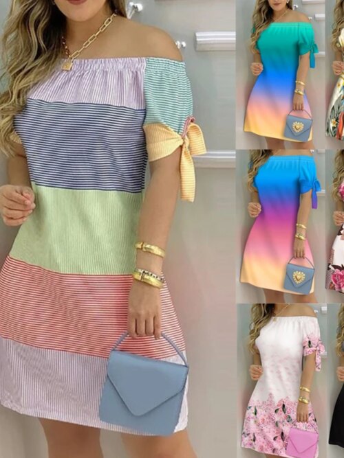 Mini robe à rayures pour femmes, épaules dénudées, décontractée