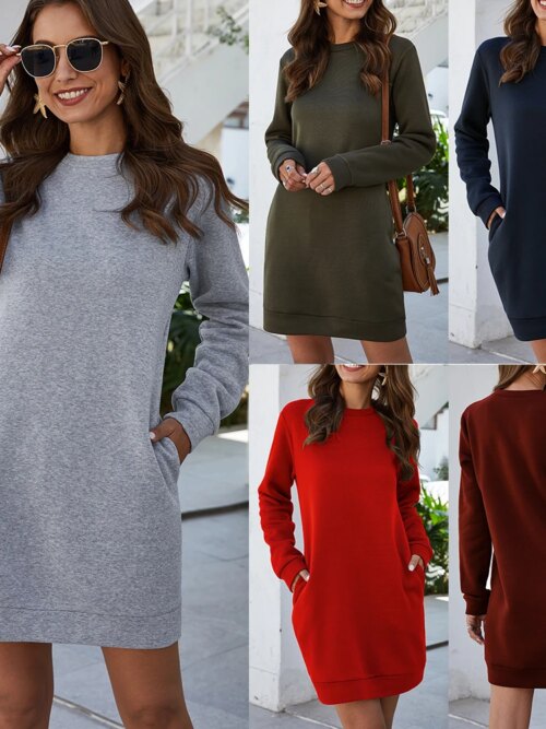 16420-f76f8a.jpg Mini robe Sweat-shirt de couleur unie pour femmes, automne/hiver, col rond
