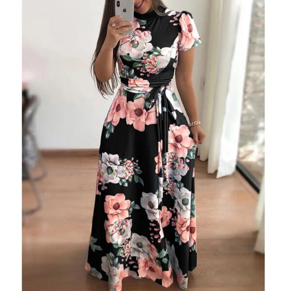 robe longue femme à fleurs pour femmes, manches courtes