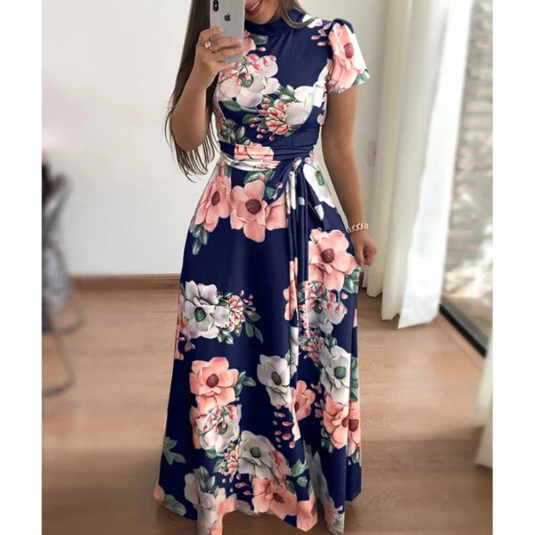 robe longue femme à fleurs pour femmes, manches courtes