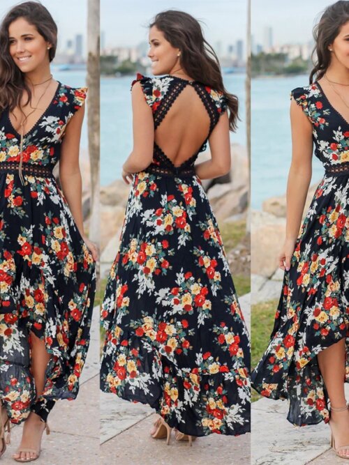 16717-316dcf.jpg Robe longue femme asymétrique à fleurs pour femmes, vêtement d'été décontracté