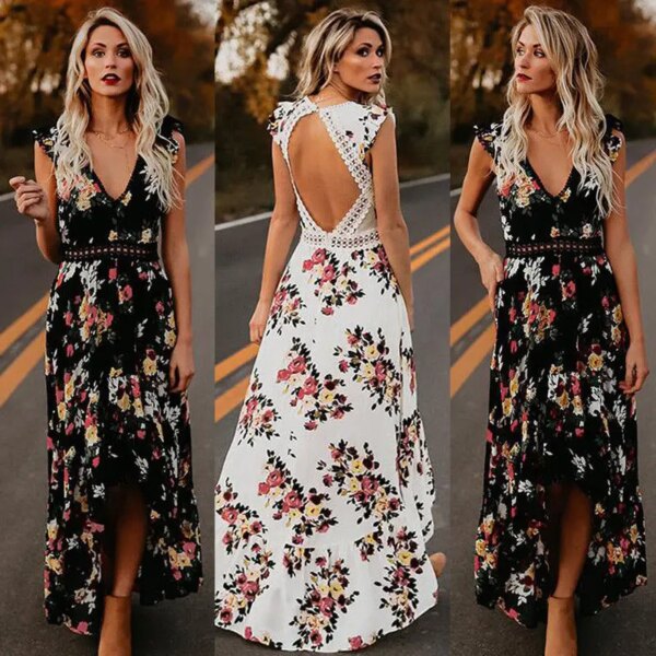 Robe longue femme asymétrique à fleurs pour femmes, vêtement d'été décontracté