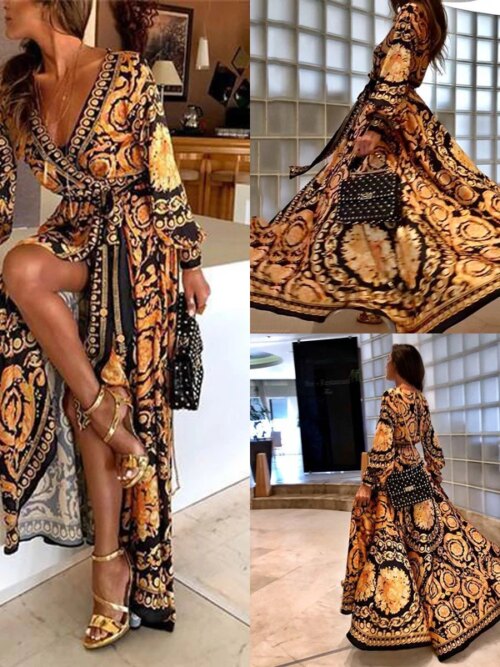 16732-b0c836.jpg Robe longue femme à paillettes imprimée, Sexy, élégante, col en V profond