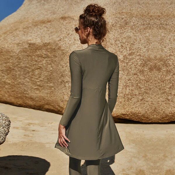 Maillot de bain musulmane avec plis, manches longues, coussinet de poitrine