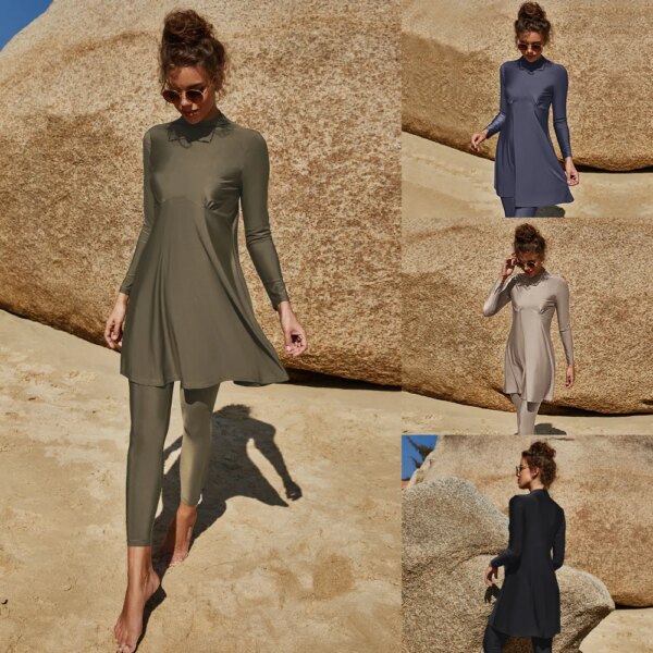 Maillot de bain musulmane avec plis, manches longues, coussinet de poitrine