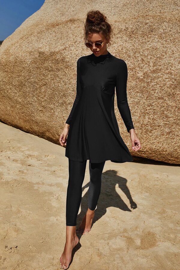 Maillot de bain musulmane avec plis, manches longues, coussinet de poitrine