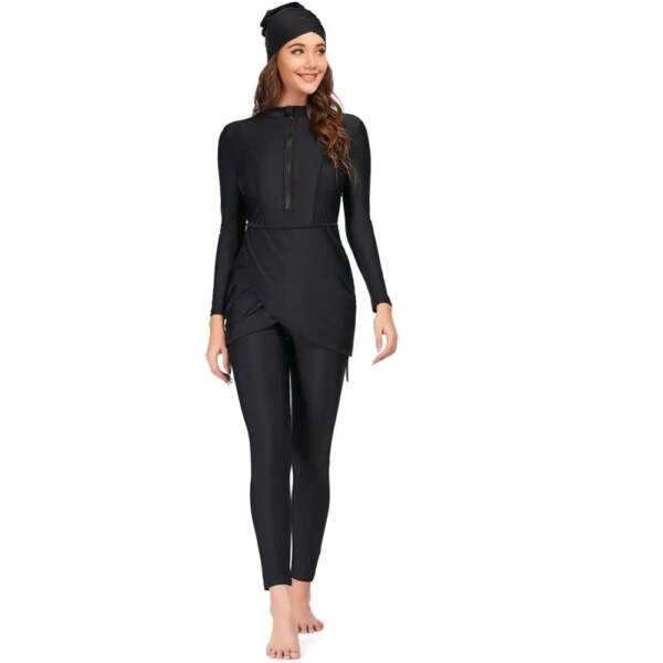 burkini - Maillot de bain musulman noir solide à manches longues pour femmes, Burkini