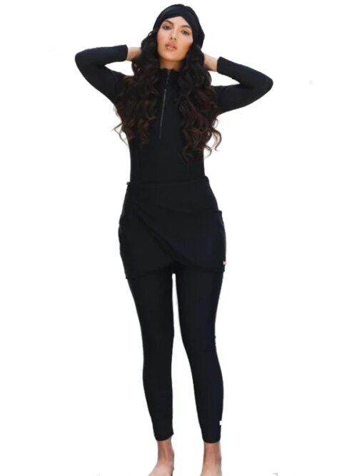 burkini - Maillot de bain musulman noir solide à manches longues pour femmes, Burkini
