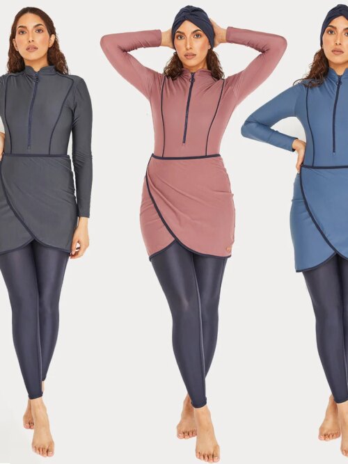 burkini Maillot de bain musulman 3 pièces, Patchwork modeste, Hijab à manches longues