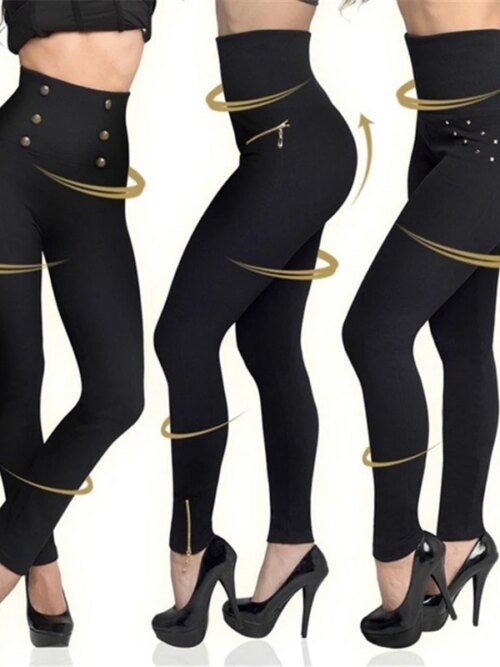Leggings Hollywood taille haute pour femmes, fermeture éclair et boutons décoratifs, Push-Up, Sexy, Slim, élastique