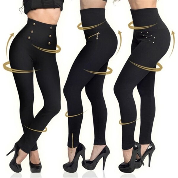 Leggings Hollywood taille haute pour femmes, fermeture éclair et boutons décoratifs, Push-Up, Sexy, Slim, élastique