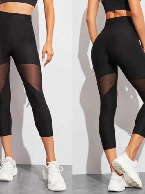 Legging en maille Patchwork noir pour femme, pantalon élastique, Capri, Fitness