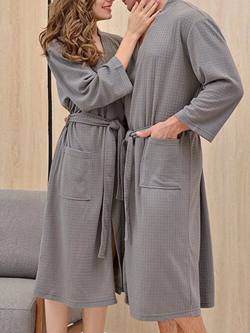 Peignoir à manches longues pour homme et femme, pyjama avec col en v
