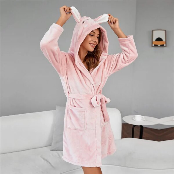 peignoir femme Long en velours pour femme, vêtement chaud à capuche avec oreilles de lapin