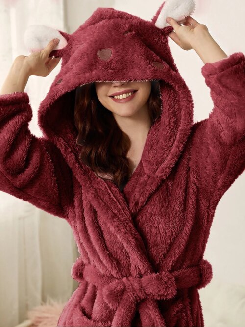 peignoir capuche femme Long en velours pour femme, vêtement chaud à capuche avec oreilles de lapin