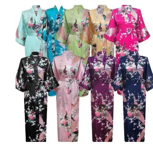kimono femme Longue robe de chambre, kimono à imprimé floral et paon, pour mariages
