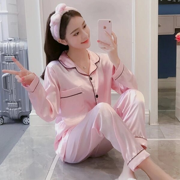 pyjama satin femme vêtements de nuit Sexy en Satin, manches longues, vêtements de maison