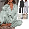 Pyjama en soie glacée pour femme, vêtements de nuit, à rayures et à manches longues