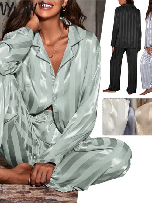 Pyjama en soie glacée pour femme, vêtements de nuit, à rayures et à manches longues