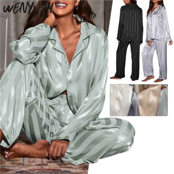 Pyjama en soie glacée pour femme, vêtements de nuit, à rayures et à manches longues