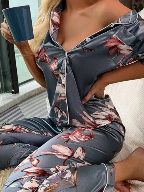 pyjama satin femme Ensemble de 2 pièces de Pyjama à manches courtes pour Femme