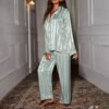 Pyjama en soie glacée pour femme, vêtements de nuit, à rayures et à manches longues