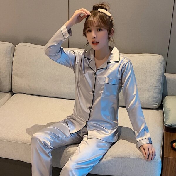 pyjama satin femme vêtements de nuit Sexy en Satin, manches longues, vêtements de maison