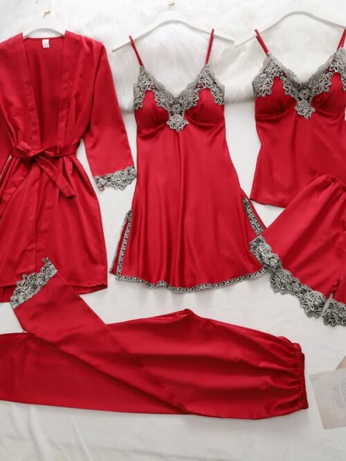 pyjama satin femme Dentelle et Soie avec Col en V Vêtements de Nuit pour la Maison