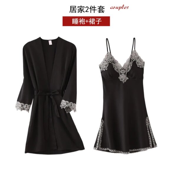 pyjama satin femme Dentelle et Soie avec Col en V Vêtements de Nuit pour la Maison
