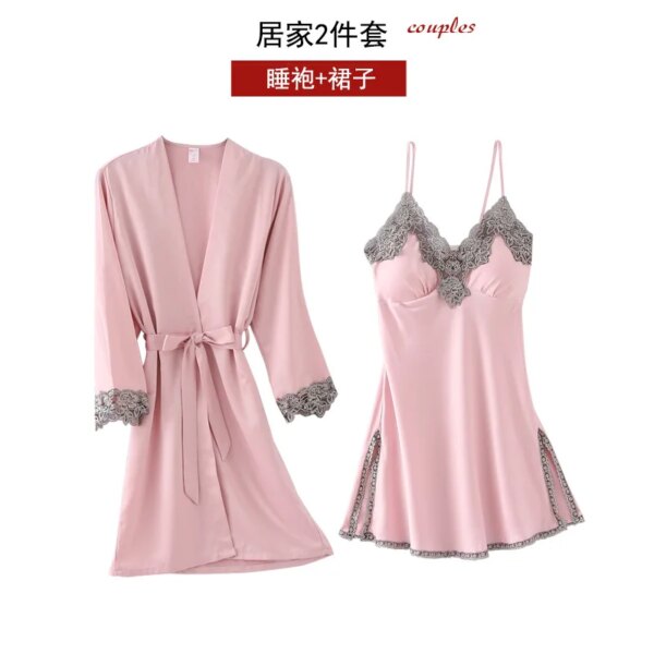 pyjama satin femme Dentelle et Soie avec Col en V Vêtements de Nuit pour la Maison