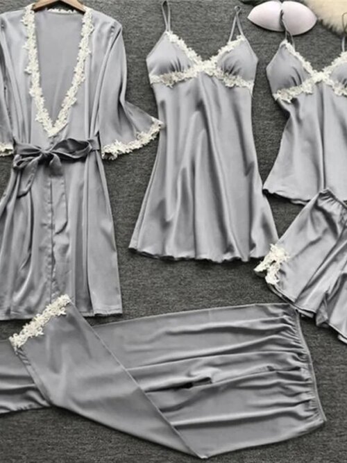 pyjama satin femme vêtements de nuit 5 pièces Pyjamas Sexy dentelle Pyjama