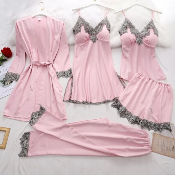 pyjama satin femme Dentelle et Soie avec Col en V Vêtements de Nuit pour la Maison
