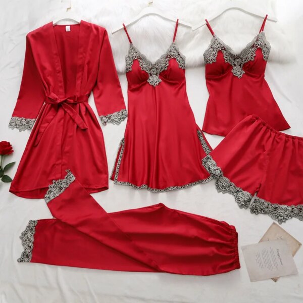 pyjama satin femme Dentelle et Soie avec Col en V Vêtements de Nuit pour la Maison