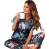 pyjama satin femme imprimé Floral en soie, bouton à revers, chemise avec pantalon, ensemble de nuit