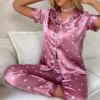 pyjama satin femme imprimé Floral en soie, bouton à revers, chemise avec pantalon, ensemble de nuit